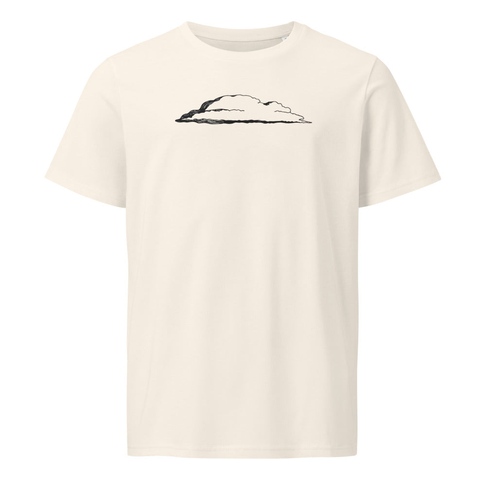 An engraving of a single stratus cloud in a broad horizontal band, printed on a cotton t-shirt. Shown on the Bone (Vintage White) colorway.