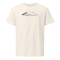 An engraving of a single stratus cloud in a broad horizontal band, printed on a cotton t-shirt. Shown on the Bone (Vintage White) colorway.