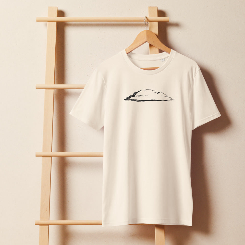 An engraving of a single stratus cloud in a broad horizontal band, printed on a cotton t-shirt. On a wooden hanger, Bone colourway.