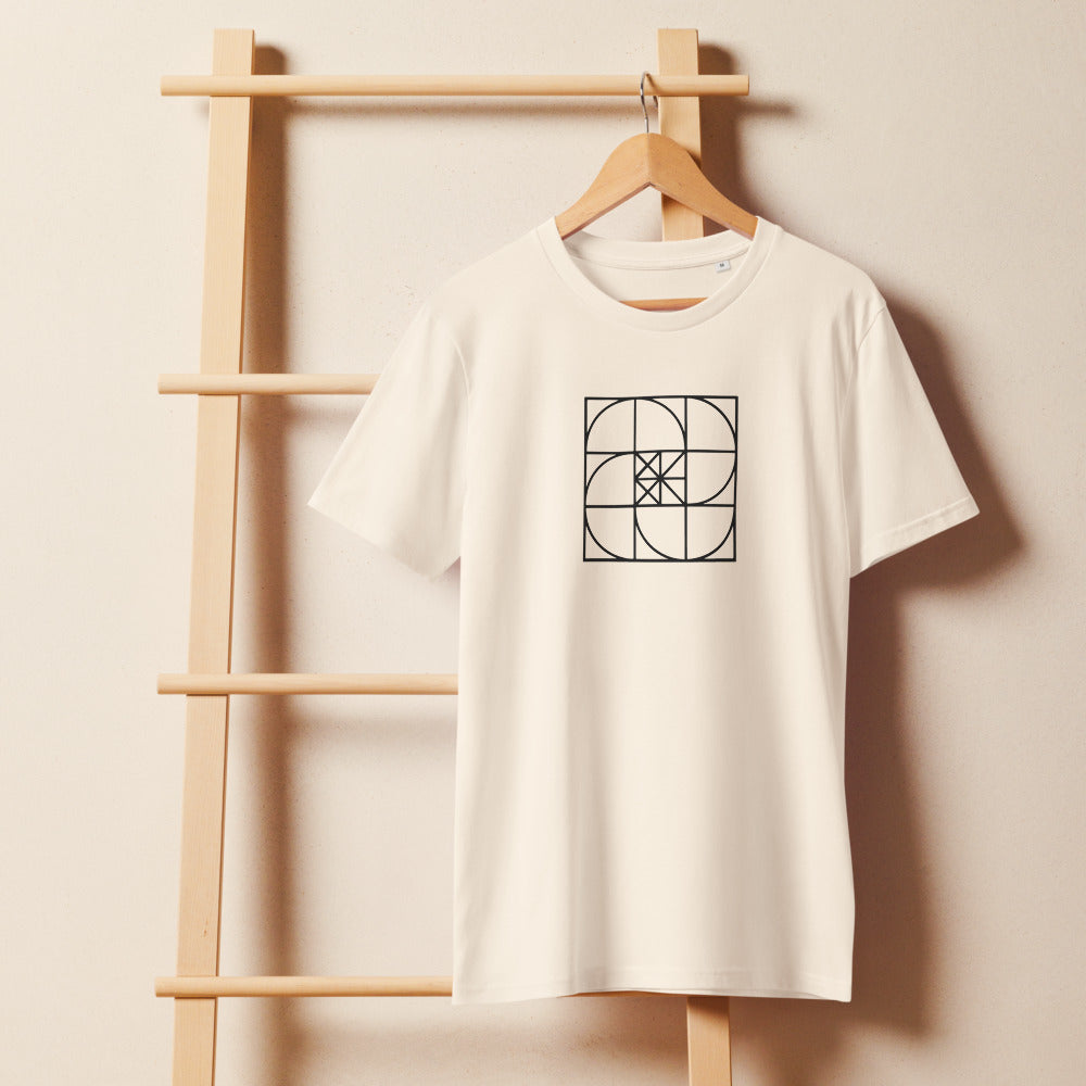 The fourth iteration of the Sierpinski carpet mathematical grid printed on a t-shirt in fine line art style. On a wooden hanger, Bone colourway.