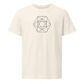 A regular heptagon subdivided into interlocking triangles and outer radiating facets in clean hairline stroke art. Shown on the Bone (Vintage White) colorway.