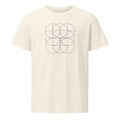 A minimalist geometric print of intersecting orthogonal circular arcs forming a bipolar grid on a t-shirt. Shown on the Bone (Vintage White) colorway.