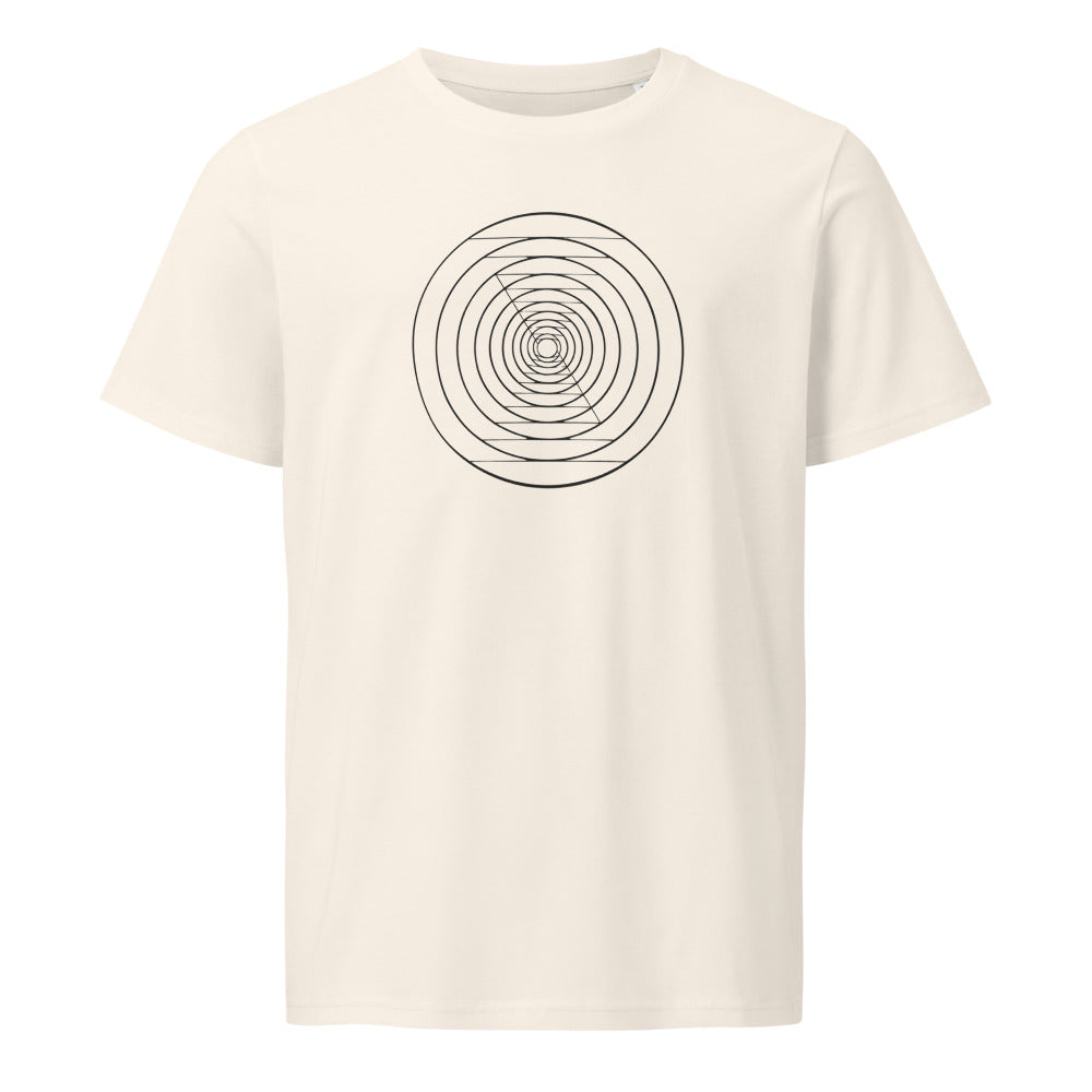 A sequence of twenty nested circles with logarithmic radial spacing on a t-shirt. Shown on the Bone (Vintage White) colorway.