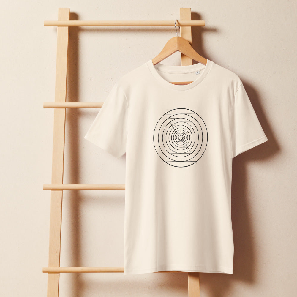 A sequence of twenty nested circles with logarithmic radial spacing on a t-shirt. On a wooden hanger, Bone colourway.