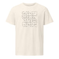 A continuous Pythagorean tiling pattern of alternating small and large squares in hairline strokes printed on a t-shirt. Shown on the Bone (Vintage White) colorway.