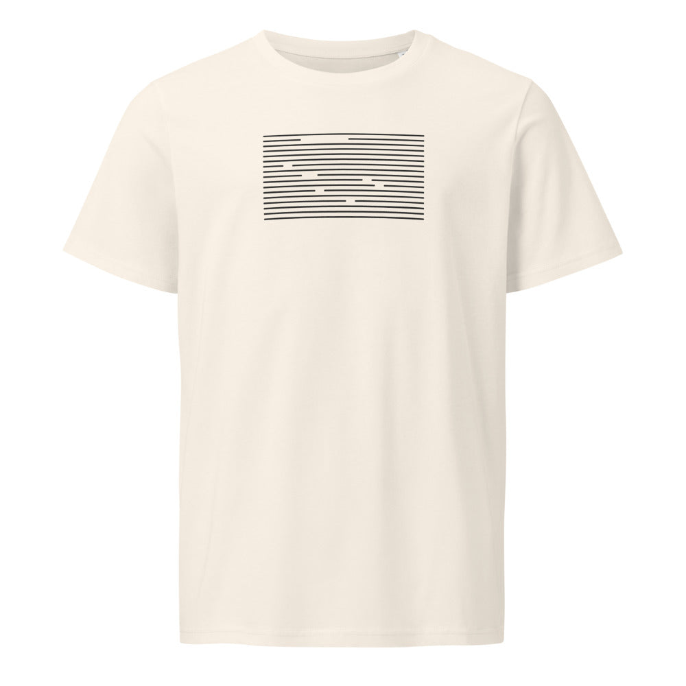 A staggered grid of ruled horizontal line segments printed in a minimalist linear abstract style on a cotton t-shirt. Shown on the Bone (Vintage White) colorway.