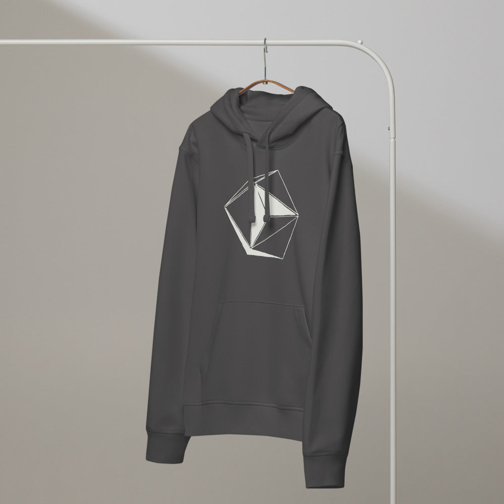 A minimalist line art illustration of an eight-sided octahedral craft printed on a hoodie. On a hanger, Slate colourway.