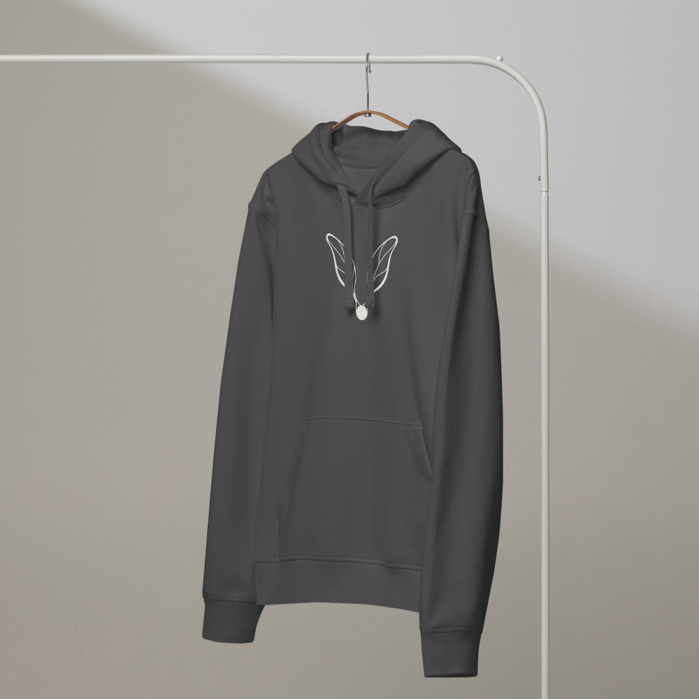 A clean hairline drawing of a winged botanical alien seed specimen printed on a hoodie. On a hanger, Slate colourway.
