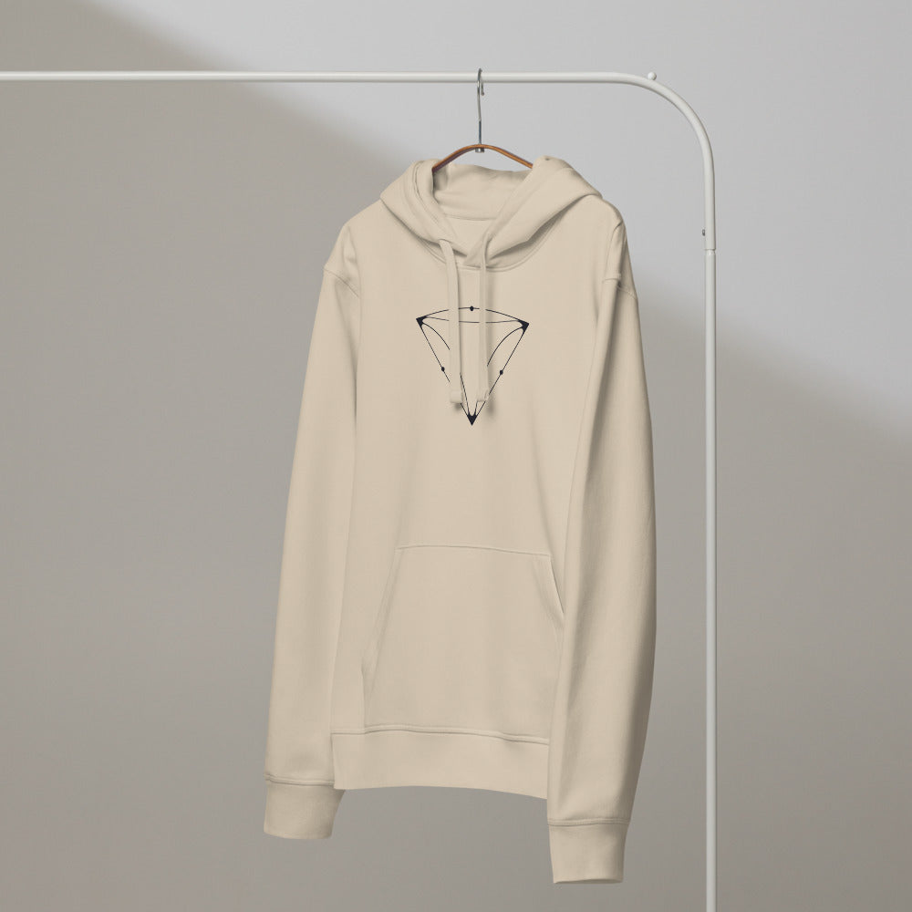 Minimalist line drawing of a triangular UFO craft with three corner lights printed on a hoodie. On a hanger, Clay colourway.