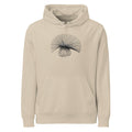 An engraving-style line art drawing of a sow thistle seed head, printed on a hoodie. Shown on the Clay (Desert Dust) colorway.