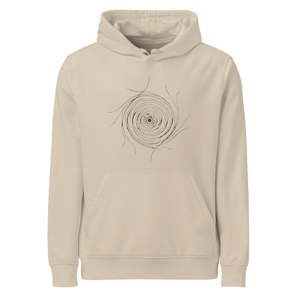 A minimalist celestial line art design mapping the radial filaments of the Helix Nebula on a pullover hoodie. Shown on the Clay (Desert Dust) colorway.