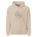A minimalist celestial line art design mapping the radial filaments of the Helix Nebula on a pullover hoodie. Shown on the Clay (Desert Dust) colorway.