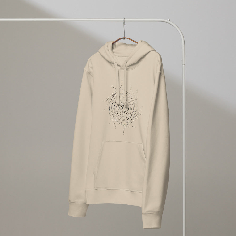 A minimalist celestial line art design mapping the radial filaments of the Helix Nebula on a pullover hoodie. On a hanger, Clay colourway.