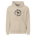 A clematis seed head drawing with detailed feathery achenes printed on the center of a hoodie. Shown on the Clay (Desert Dust) colorway.