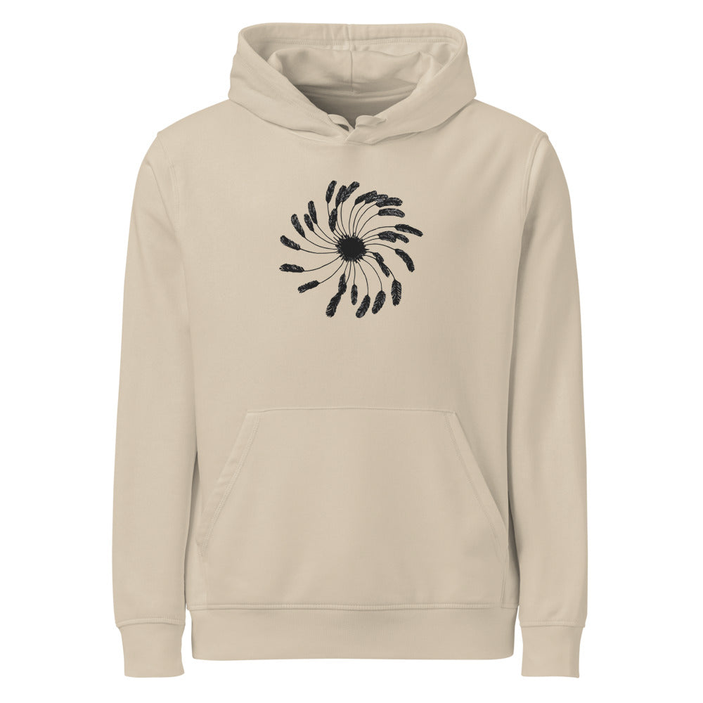 A clematis seed head drawing with detailed feathery achenes printed on the center of a hoodie. Shown on the Clay (Desert Dust) colorway.