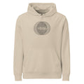 A minimalist diagram of intersecting concentric raindrop ripple rings printed on a hoodie. Shown on the Clay (Desert Dust) colorway.