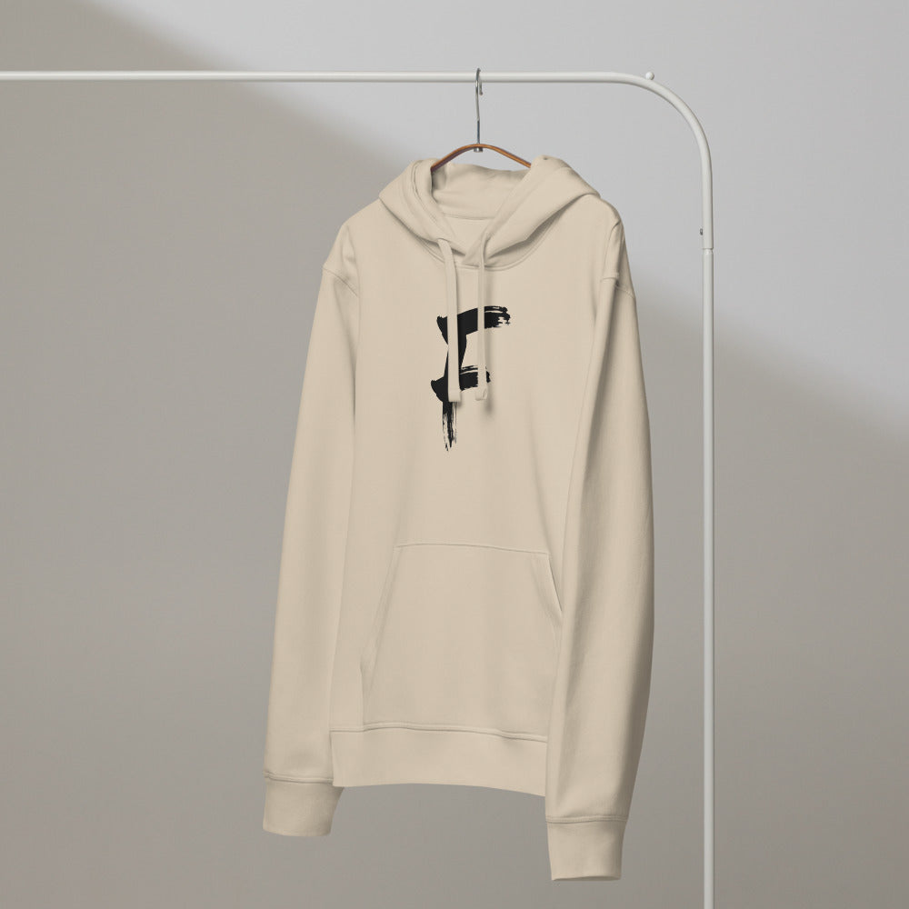 The capital letter F in bold black sumi-e brush strokes with dry-brush texture, printed on a hoodie. On a hanger, Clay colourway.