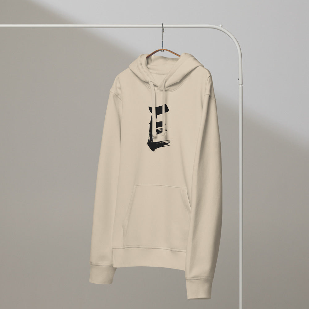A minimalist sumi-e style capital letter E printed in black ink on a hoodie. On a hanger, Clay colourway.