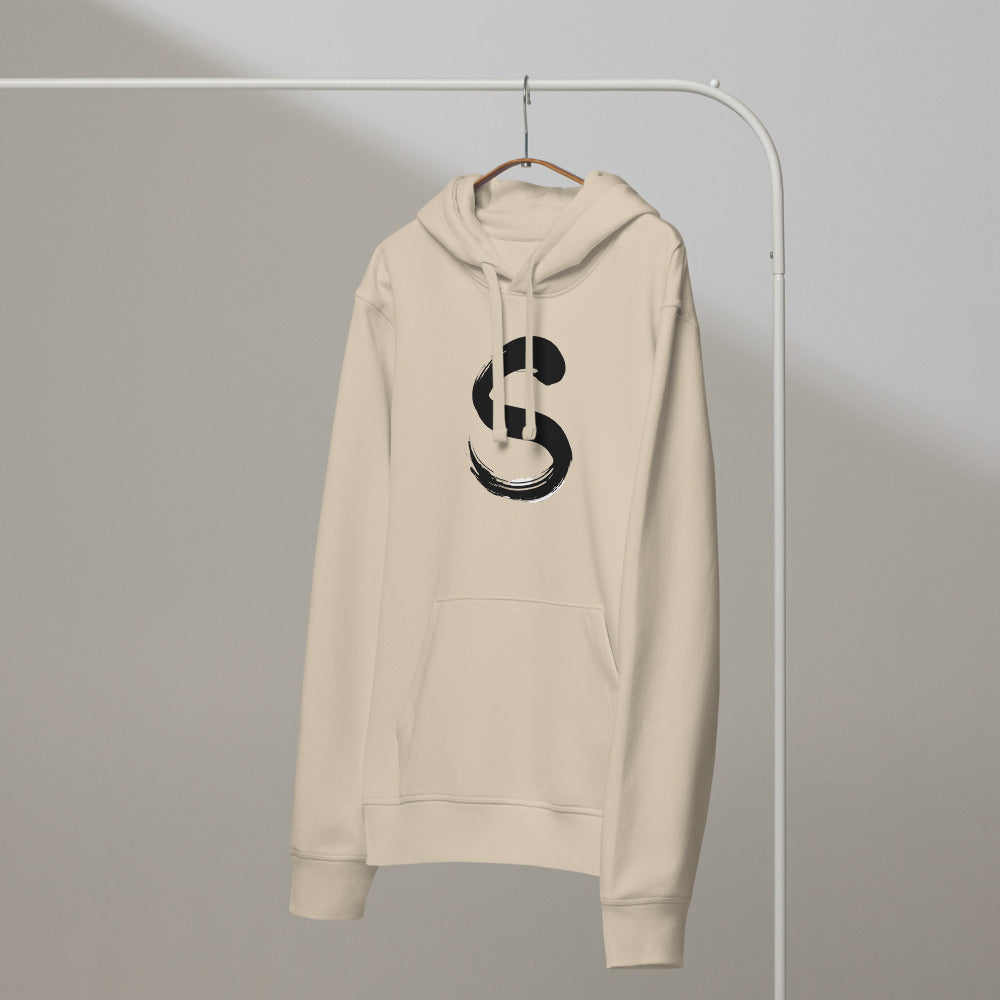 The letter S rendered in a single serpentine sumi-e brush stroke printed on a hoodie. On a hanger, Clay colourway.
