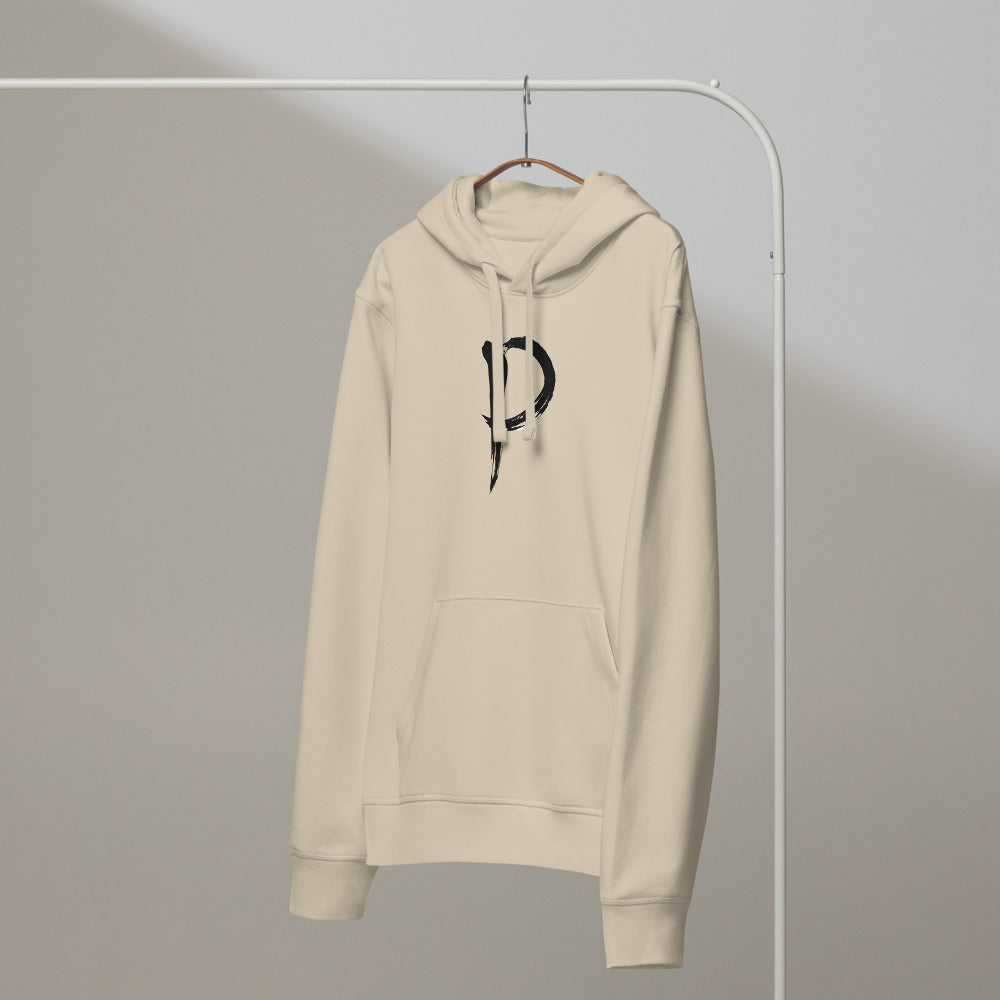 The letter P in black sumi-e brush calligraphy printed on a hoodie. On a hanger, Clay colourway.