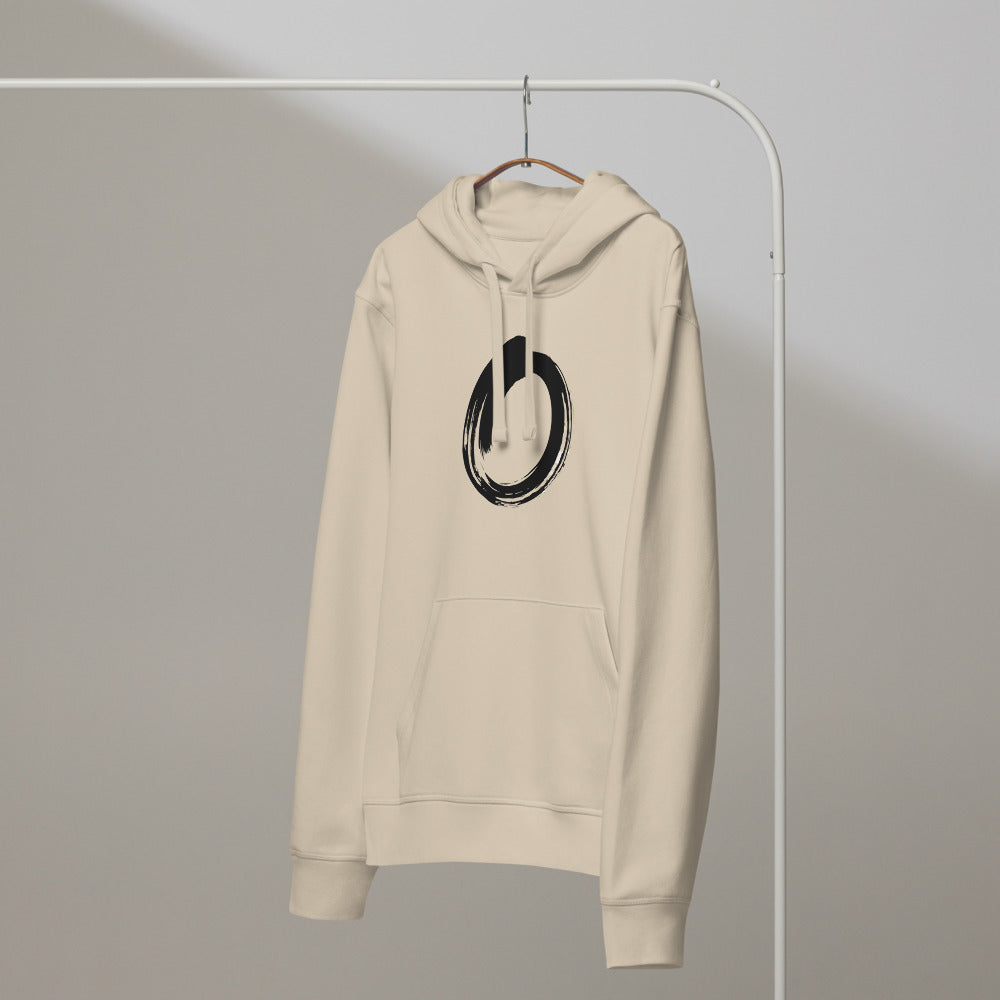 A single black sumi-e brushstroke forming an unclosed letter O on a hoodie. On a hanger, Clay colourway.