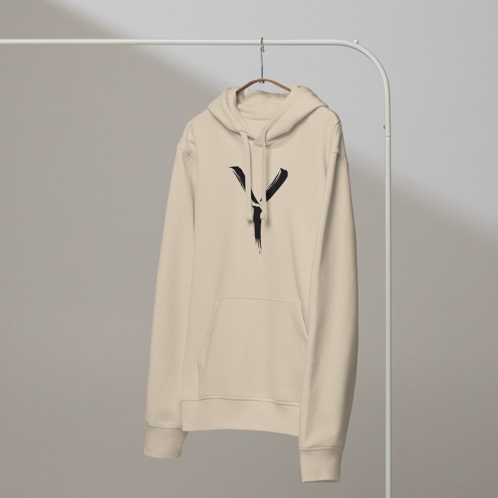 A minimalist sumi-e brush gesture of the capital letter Y printed on a classic pullover hoodie. On a hanger, Clay colourway.