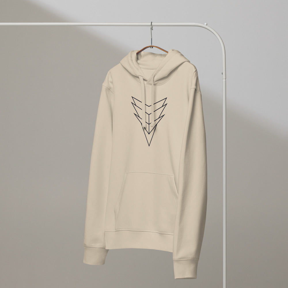 A symmetrical star-shaped crystalline specimen line art design printed on a hoodie. On a hanger, Clay colourway.