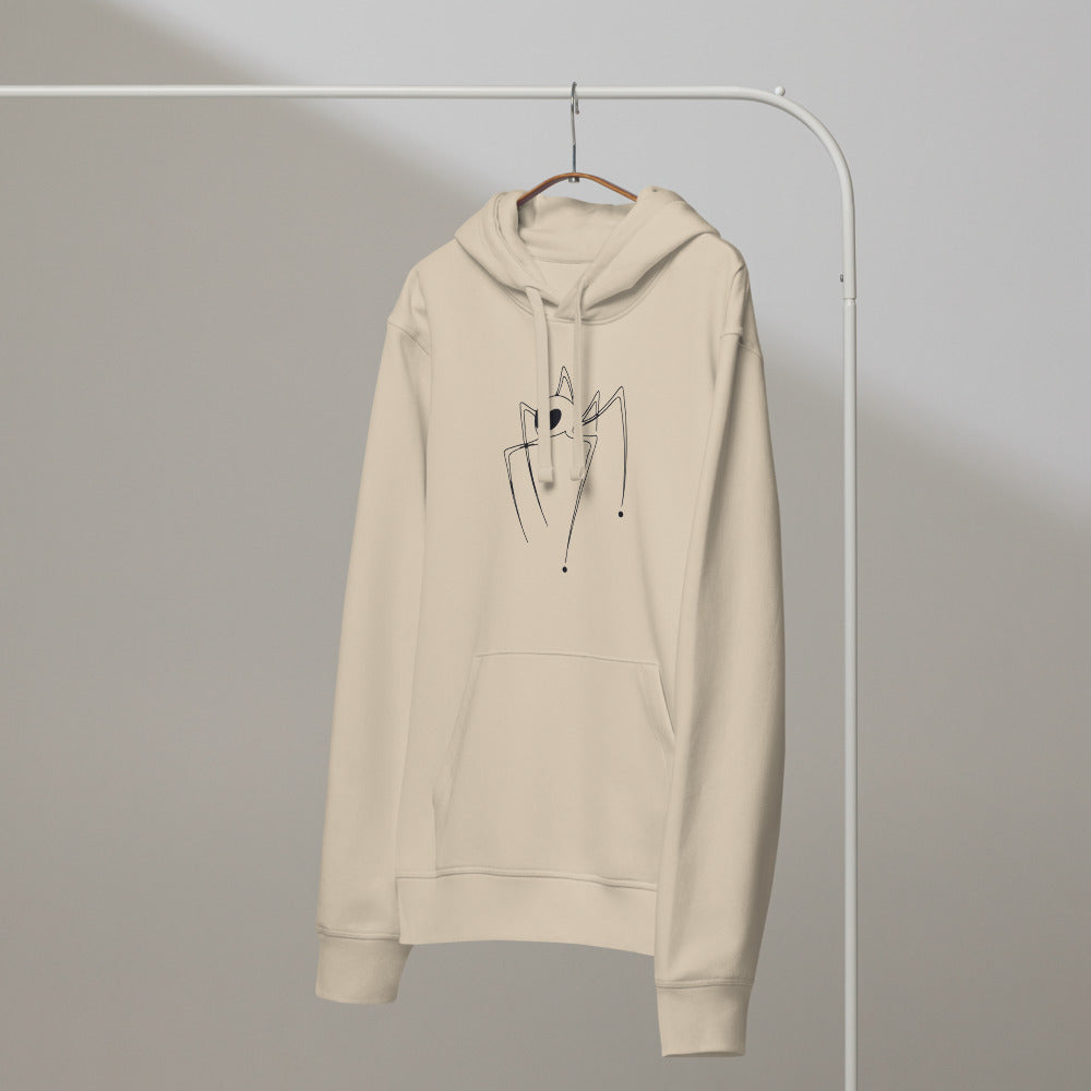 A minimalist line drawing of a six-legged insectoid alien specimen printed on a hoodie. On a hanger, Clay colourway.