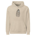 A detailed botanical line drawing of a field horsetail fertile cone printed on a hoodie. Shown on the Clay (Desert Dust) colorway.