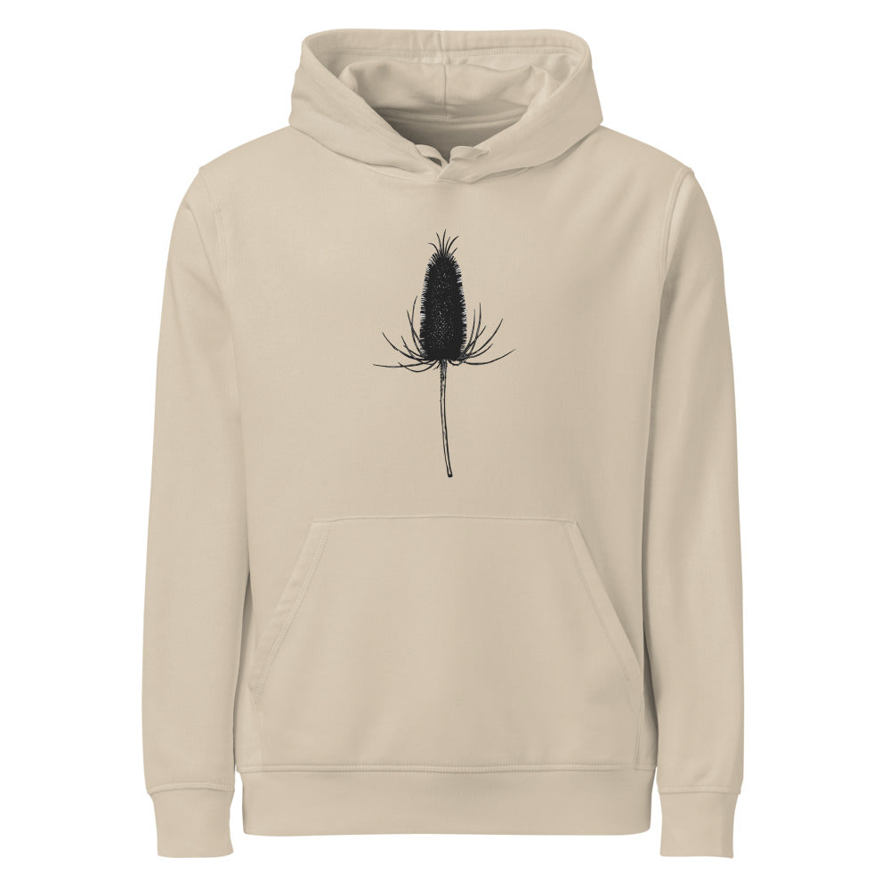 A detailed botanical line drawing of a dried teasel seed head on a hoodie. Shown on the Clay (Desert Dust) colorway.
