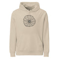 Fine-line illustration of a skeletonized Physalis calyx printed on a unisex hoodie. Shown on the Clay (Desert Dust) colorway.