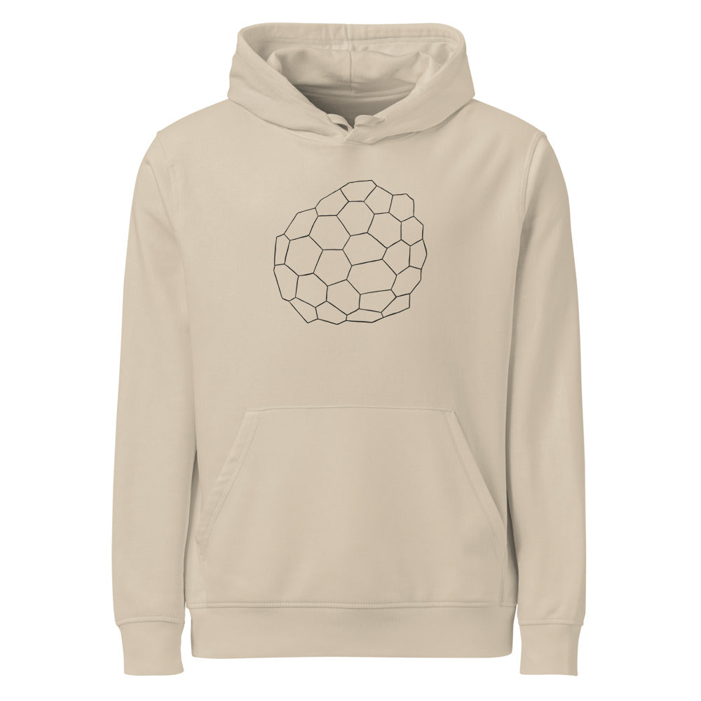 A geometric desiccation polygon line art illustration printed on a hoodie. Shown on the Clay (Desert Dust) colorway.