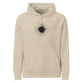 An ink-drawn diagram of a solar sunspot with radiating penumbra filaments printed on a hoodie. Shown on the Clay (Desert Dust) colorway.