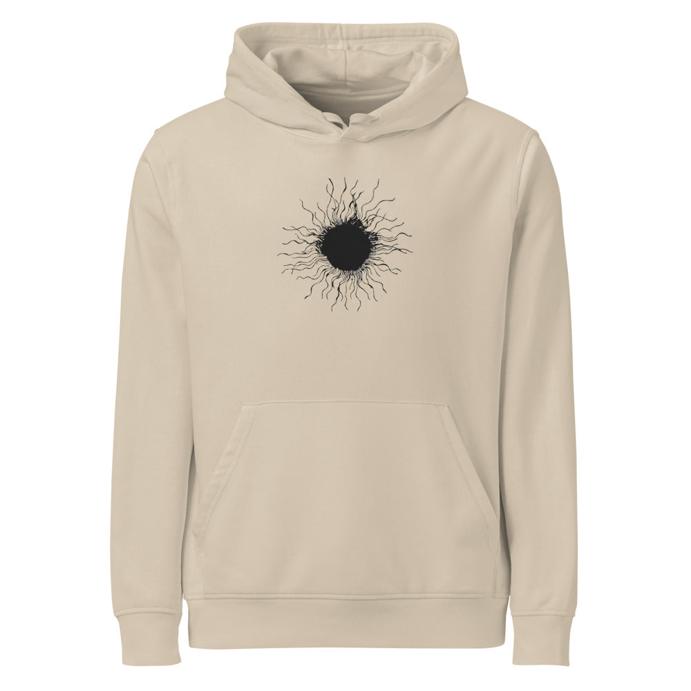 An ink-drawn diagram of a solar sunspot with radiating penumbra filaments printed on a hoodie. Shown on the Clay (Desert Dust) colorway.