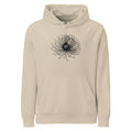Engraving-style study of a mountain avens seed head in fine hairline strokes printed on a hoodie. Shown on the Clay (Desert Dust) colorway.