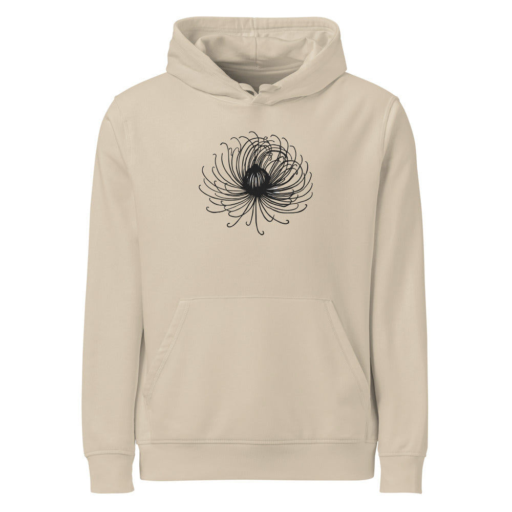 Engraving-style study of a mountain avens seed head in fine hairline strokes printed on a hoodie. Shown on the Clay (Desert Dust) colorway.