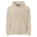 A two-tone line drawing of the celestial equator and ecliptic plane intersection on a cotton hoodie. Shown on the Clay (Desert Dust) colorway.