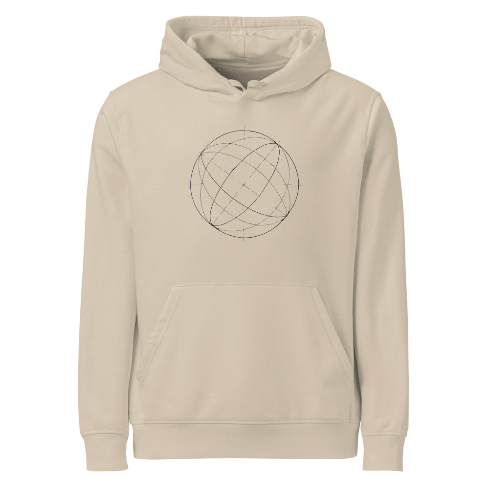 A two-tone line drawing of the celestial equator and ecliptic plane intersection on a cotton hoodie. Shown on the Clay (Desert Dust) colorway.