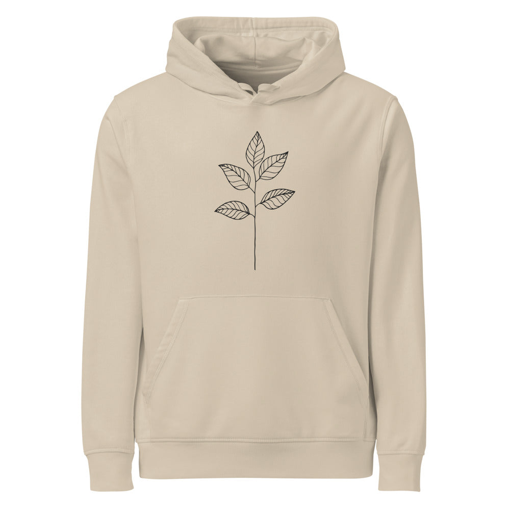 A minimal black ink illustration of a single eucalyptus stem with four ovate leaves on a unisex hoodie. Shown on the Clay (Desert Dust) colorway.