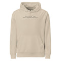A minimalist topographic line art print showing five rolling hill peaks on a cotton hoodie. Shown on the Clay (Desert Dust) colorway.