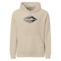 An engraving-style topographic contour design forming an asymmetric eye printed on a hoodie. Shown on the Clay (Desert Dust) colorway.