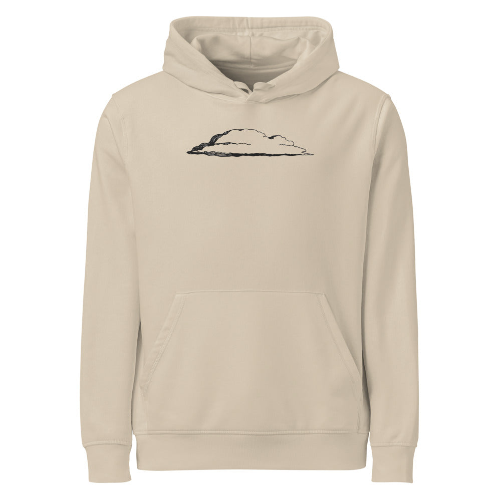 An engraving of a single stratus cloud in a broad horizontal band, printed on a cotton hoodie. Shown on the Clay (Desert Dust) colorway.