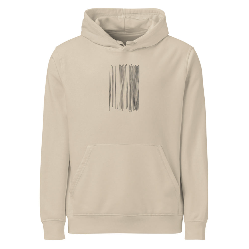 A three-column minimalist line art rain pattern printed on a unisex hoodie. Shown on the Clay (Desert Dust) colorway.
