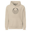 An astronomical circular wheel diagram of annual twilight bands printed in fine line art on a hoodie. Shown on the Clay (Desert Dust) colorway.