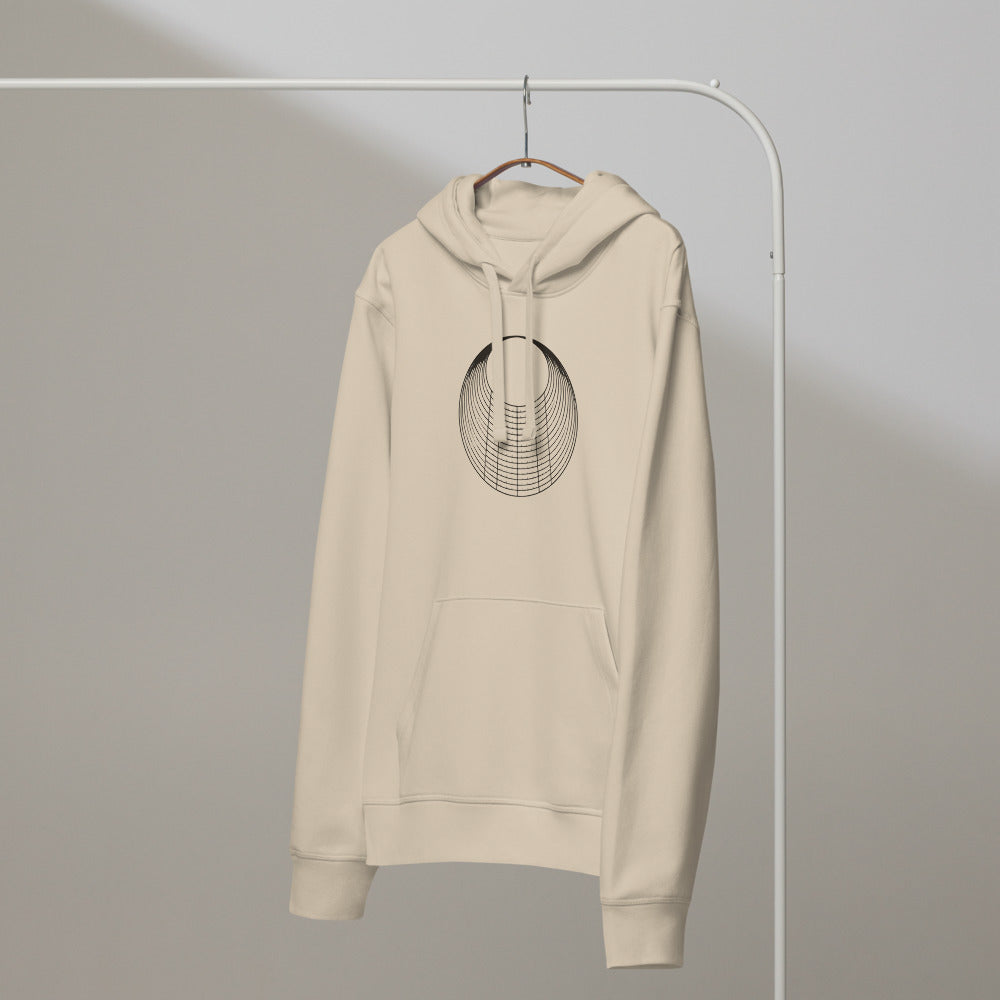 An astronomical circular wheel diagram of annual twilight bands printed in fine line art on a hoodie. On a hanger, Clay colourway.