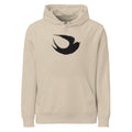 A minimalist sumi-e ink brush painting of a flying swallow on a hoodie. Shown on the Clay (Desert Dust) colorway.
