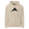 A sharp, minimalist sumi-e ink drawing of a jagged mountain peak printed on a hoodie. Shown on the Clay (Desert Dust) colorway.