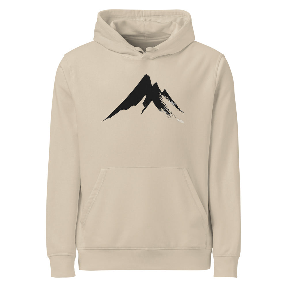 A sharp, minimalist sumi-e ink drawing of a jagged mountain peak printed on a hoodie. Shown on the Clay (Desert Dust) colorway.