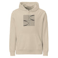 A precise mathematical design of parallel vertical lines with catenary displacement printed on a hoodie. Shown on the Clay (Desert Dust) colorway.