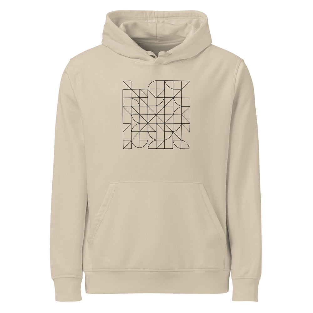 A dense, single-line self-avoiding walk path graphic in hairline weight on a hoodie. Shown on the Clay (Desert Dust) colorway.